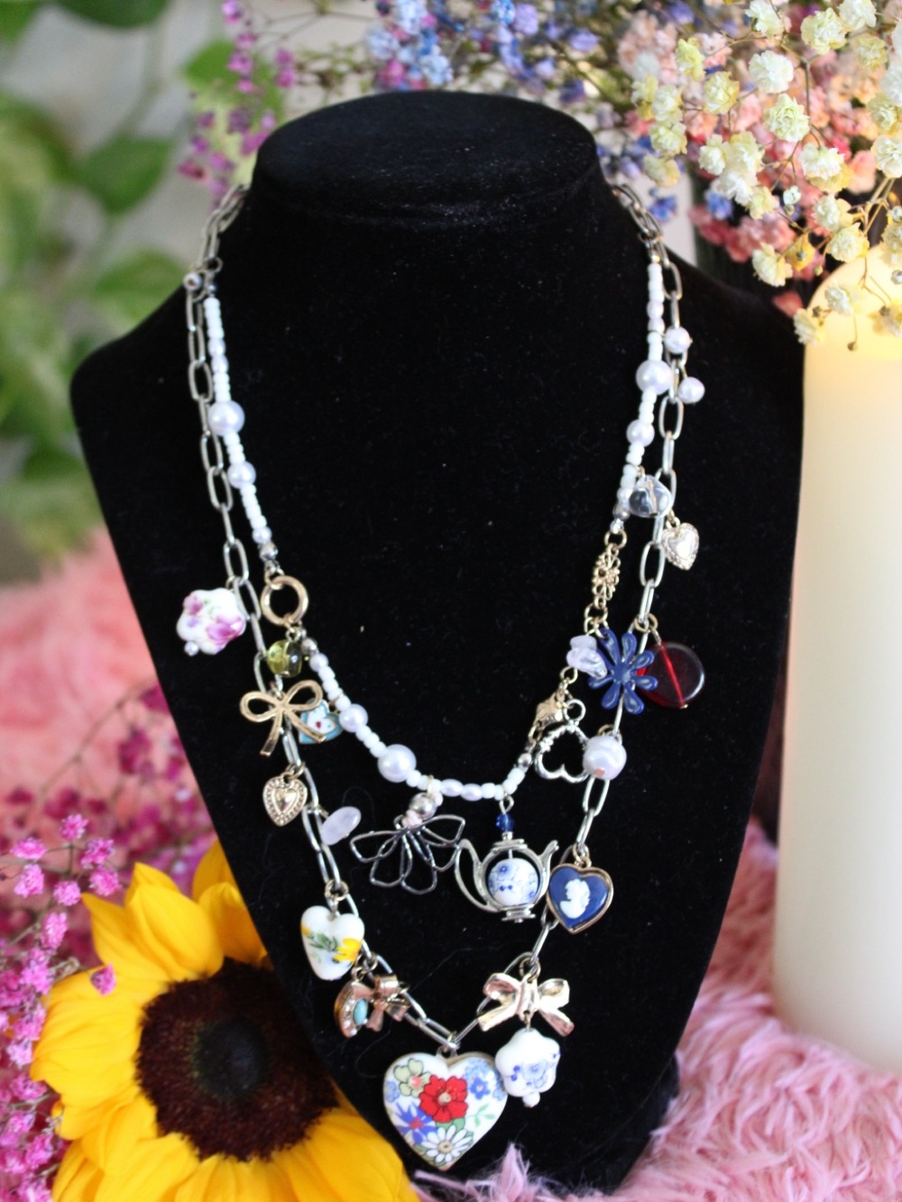 NWT Free People Layered Pearl Floral Charm Necklace MSRP $68 - Picture 9 of 14
